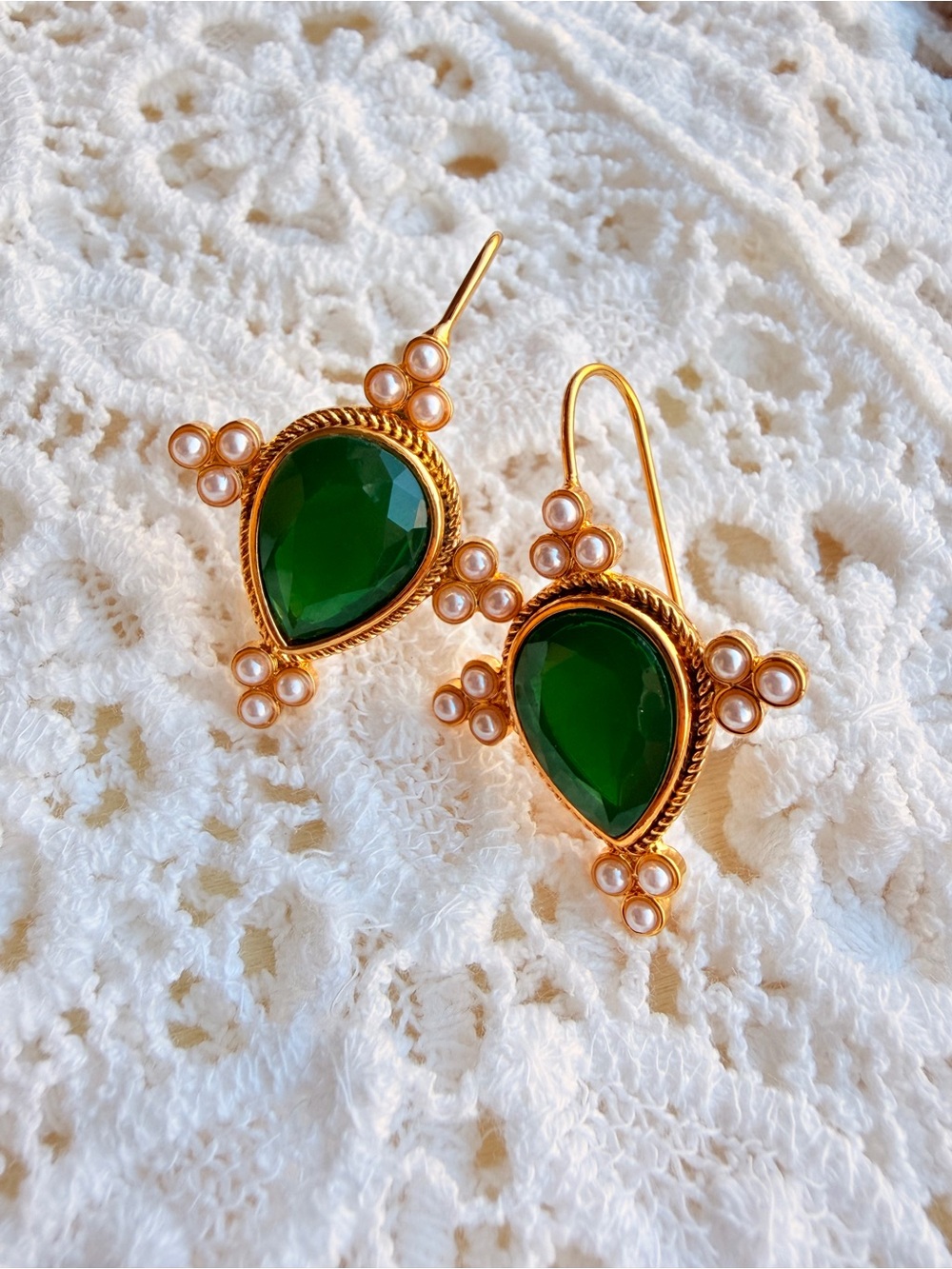 Green Teardrop Pearl Accent Gold Earrings - Picture 2 of 2